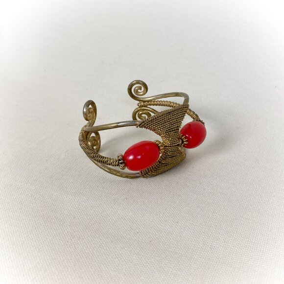 Vintage Primitive 1920s to 1960s Brass Bangle Bracelet with Wire & Bead Details - Picture 3 of 8
